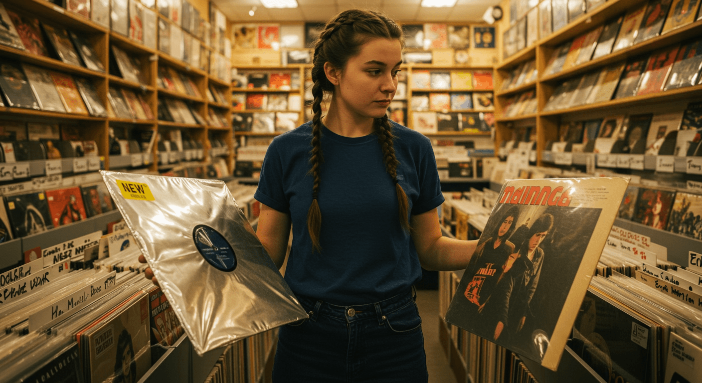 Person who hesitates between a new vinyl record in foil and a second-hand record in a record store